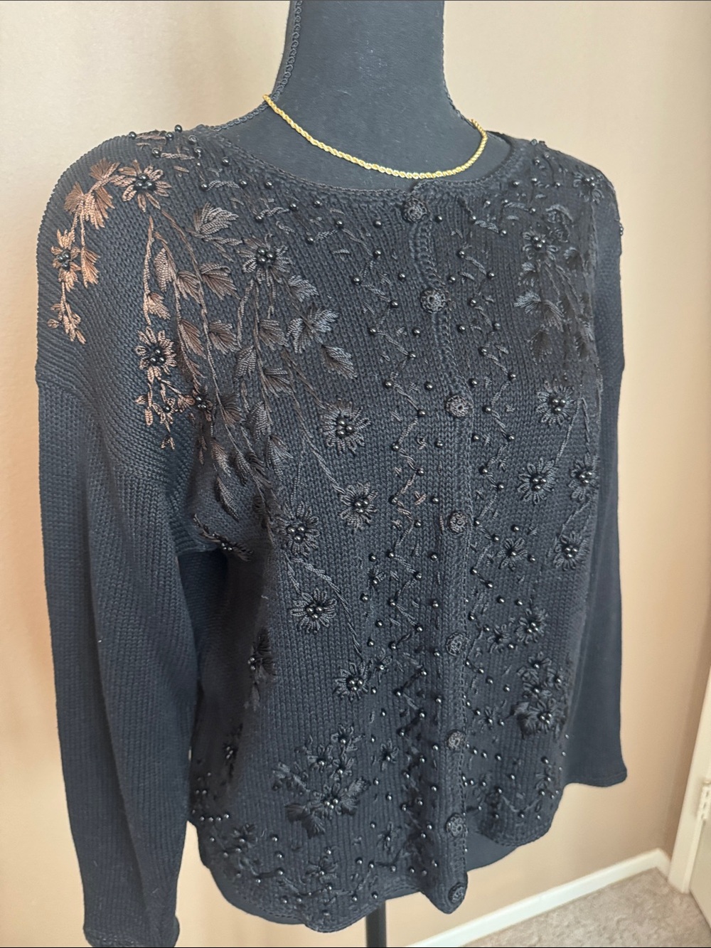 Vintage Tiara Black Embroidered Beaded Knit Cardigan Fall Holidays